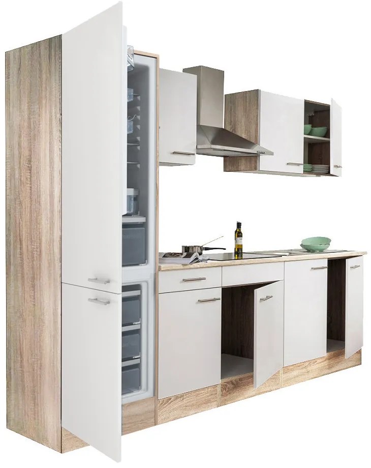 Mobilă de bucătărie Yorki 270, corp din stejar sonoma, față alb satinat, frigider cu congelator în partea de jos