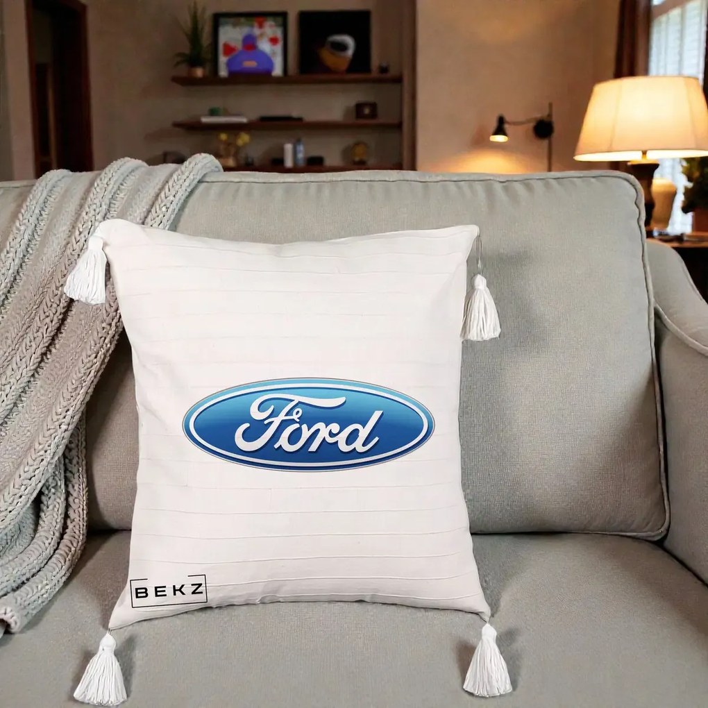Perna Personalizata cu emblema Ford, 40x40 cm, Bej cu Franjuri, Husa Detasabila, Perna Inclusa, BEKZ®
