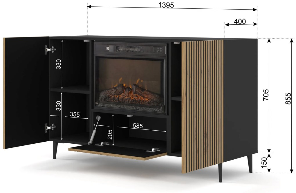 Dulap cu bioșemineu electric F 2D1K Rowanna (Stejar artisan + Negru). 1125063
