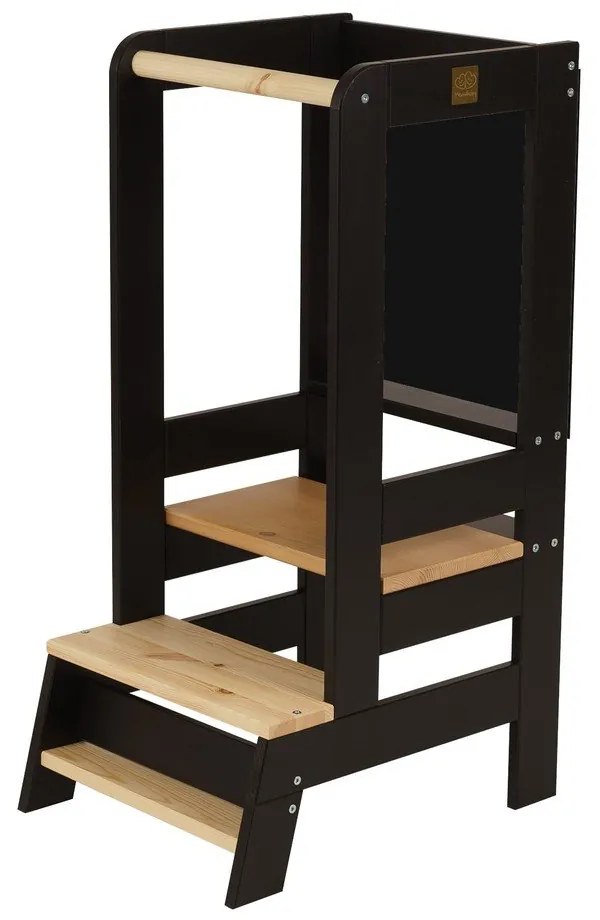 Turn de învățare negru/în culoare naturală din lemn de pin Montessori – Meowbaby