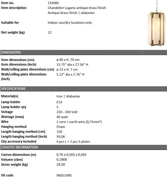 Lustra suspendata design LUX Lugano, alama antica 116085 HZ