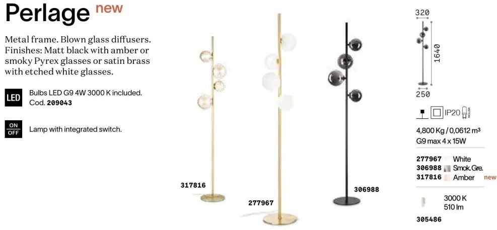 Lampa de podea design modern Perlage PT4 alama/amber