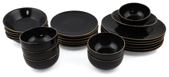 Set de masă, 24 piese, negru/auriu, din ceramică de tip stoneware
