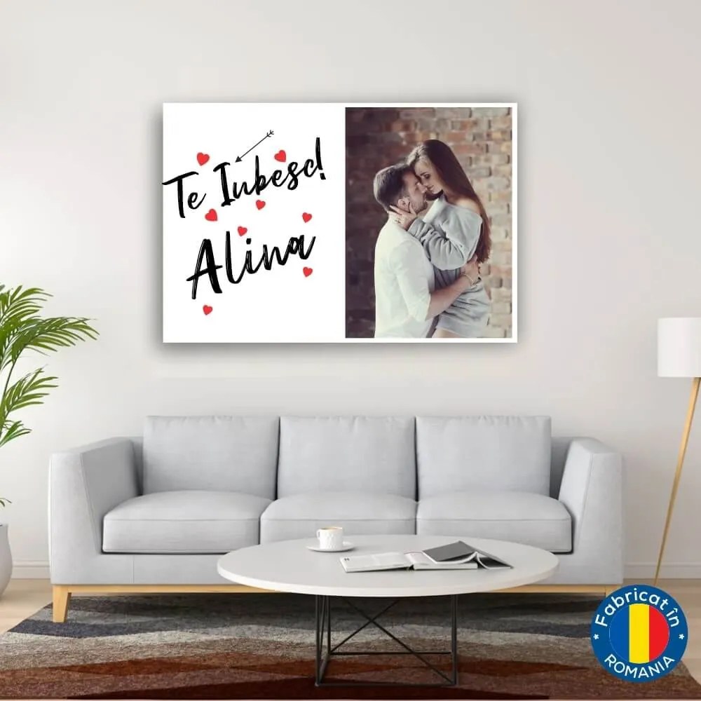 Tablou pe panza canvas personalizat cu poza si text Te Iubesc si nume - 80 x 60 cm