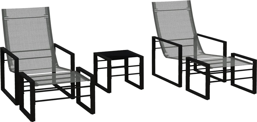 Outsunny Salon de grădină 5 piese 2 locuri cu 2 fotolii, 2 scaune pentru picioare și 1 masă, metal negru, șezut material mesh gri | Aosom Romania