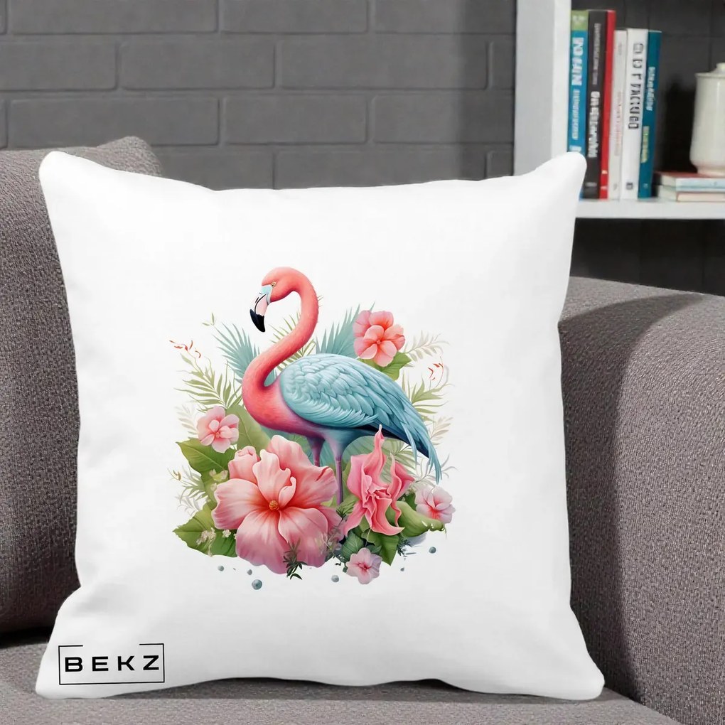Perna Decorativa Flamingo cu Hibiscus Tropical, 40x40 cm, Alba Mata, Husa Detasabila, Perna Inclusa, BEKZ®