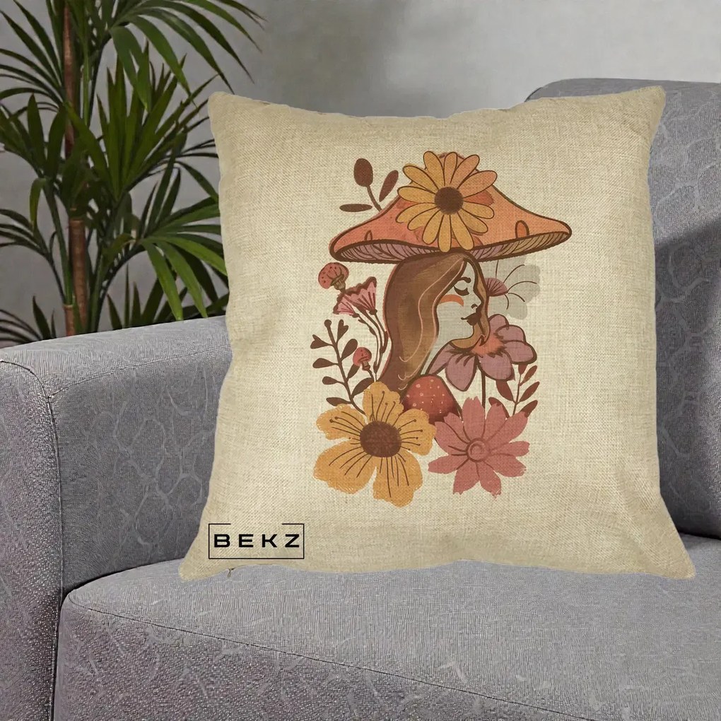 Perna Decorativa Fata Ciuperca Florala Boho, 40x40 cm, Crem, Husa Detasabila, Perna Inclusa, BEKZ®