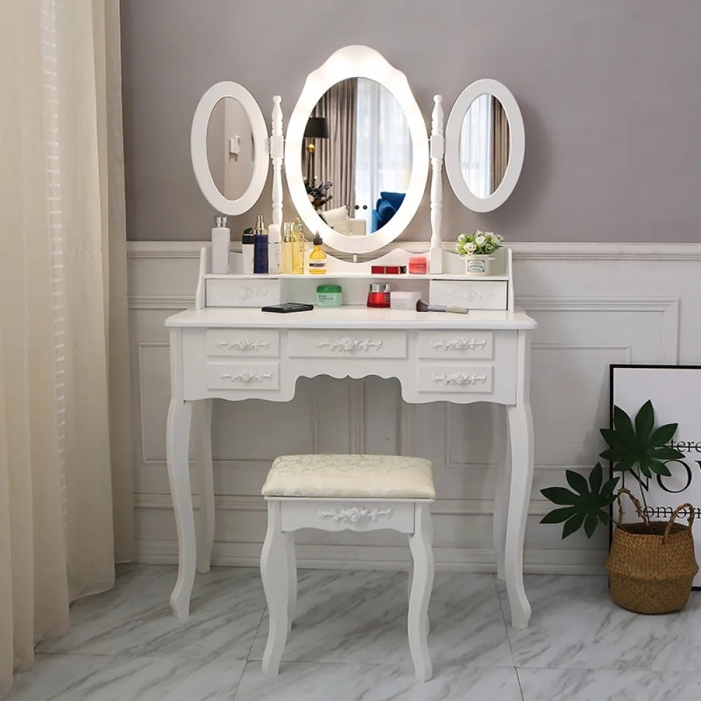 Set ILINCA, Masă de toaletă cu 3 oglinzi, iluminare LED, control touch, 7 sertare, scaun, Alb