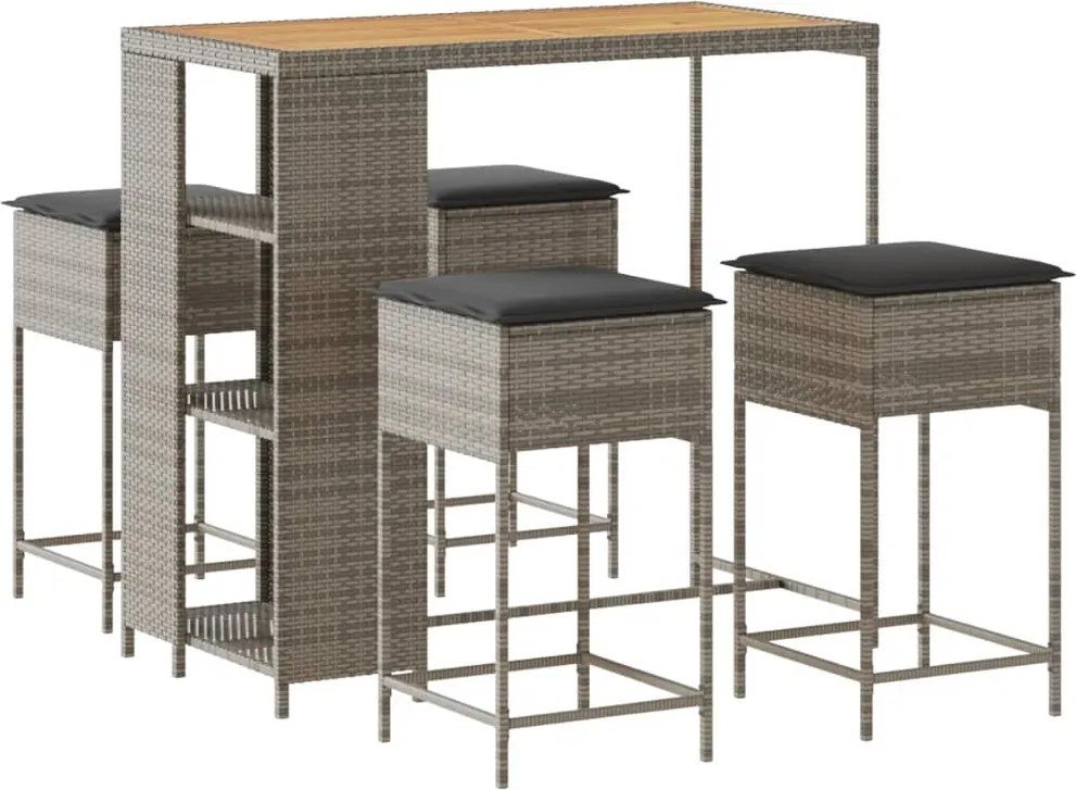 vidaXL Set mobilier bar de grădină, cu perne, 5 piese, gri, poliratan