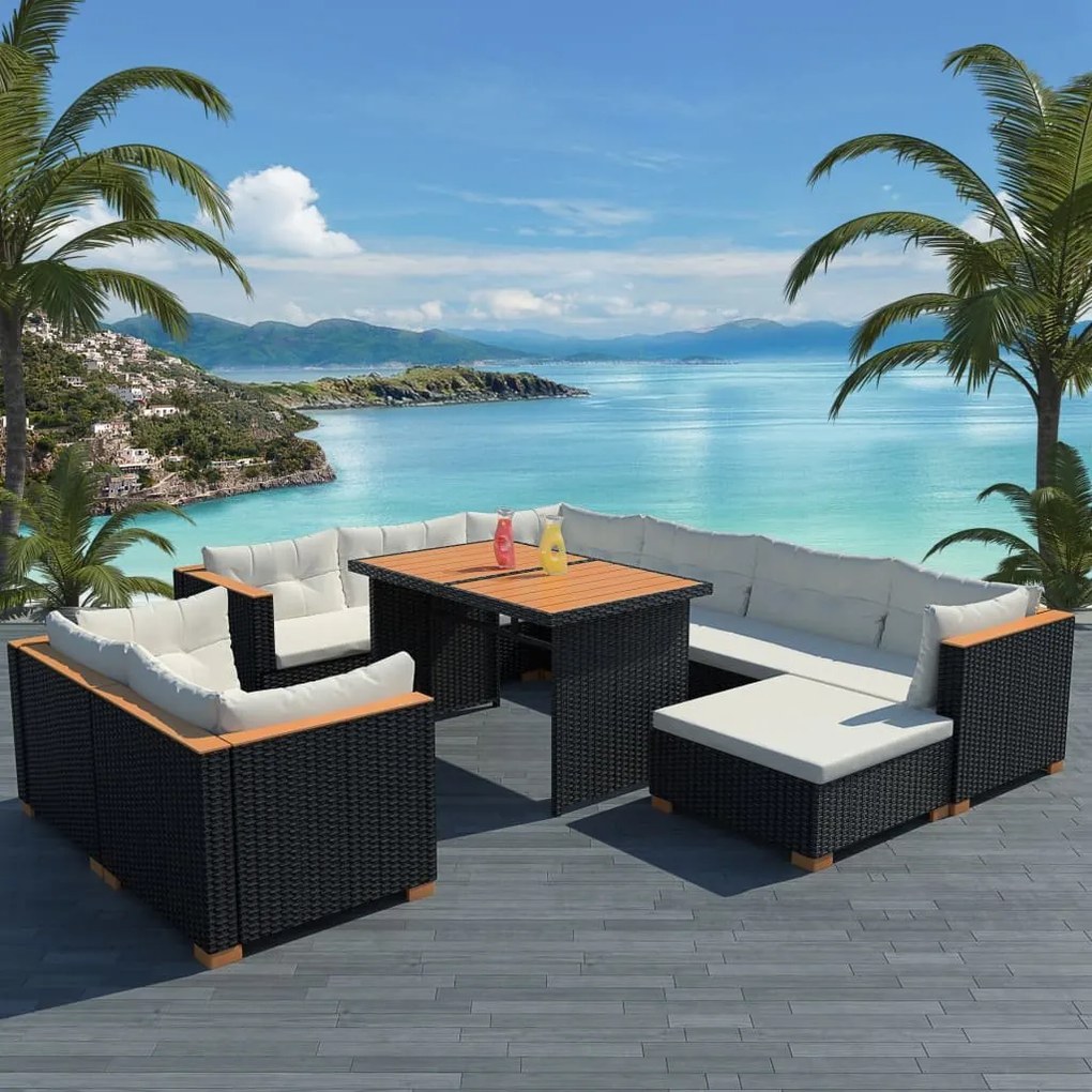 Set mobilier de gradina cu perne, 10 piese, negru, poliratan