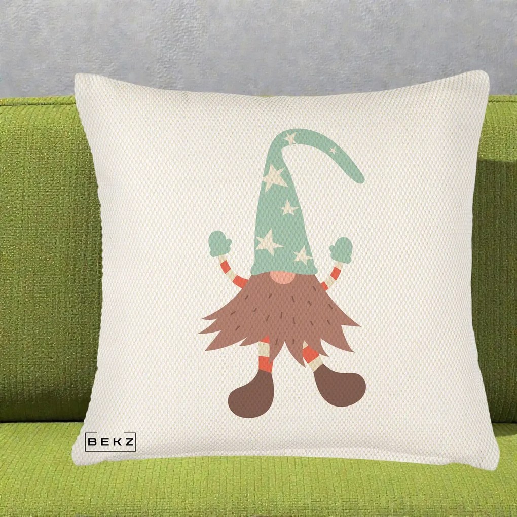 Perna Decorativa Pitic Gnom Nordic cu Cadou Menta, 40x40 cm, Crem Reliefat, Husa Detasabila, Perna Inclusa, BEKZ®
