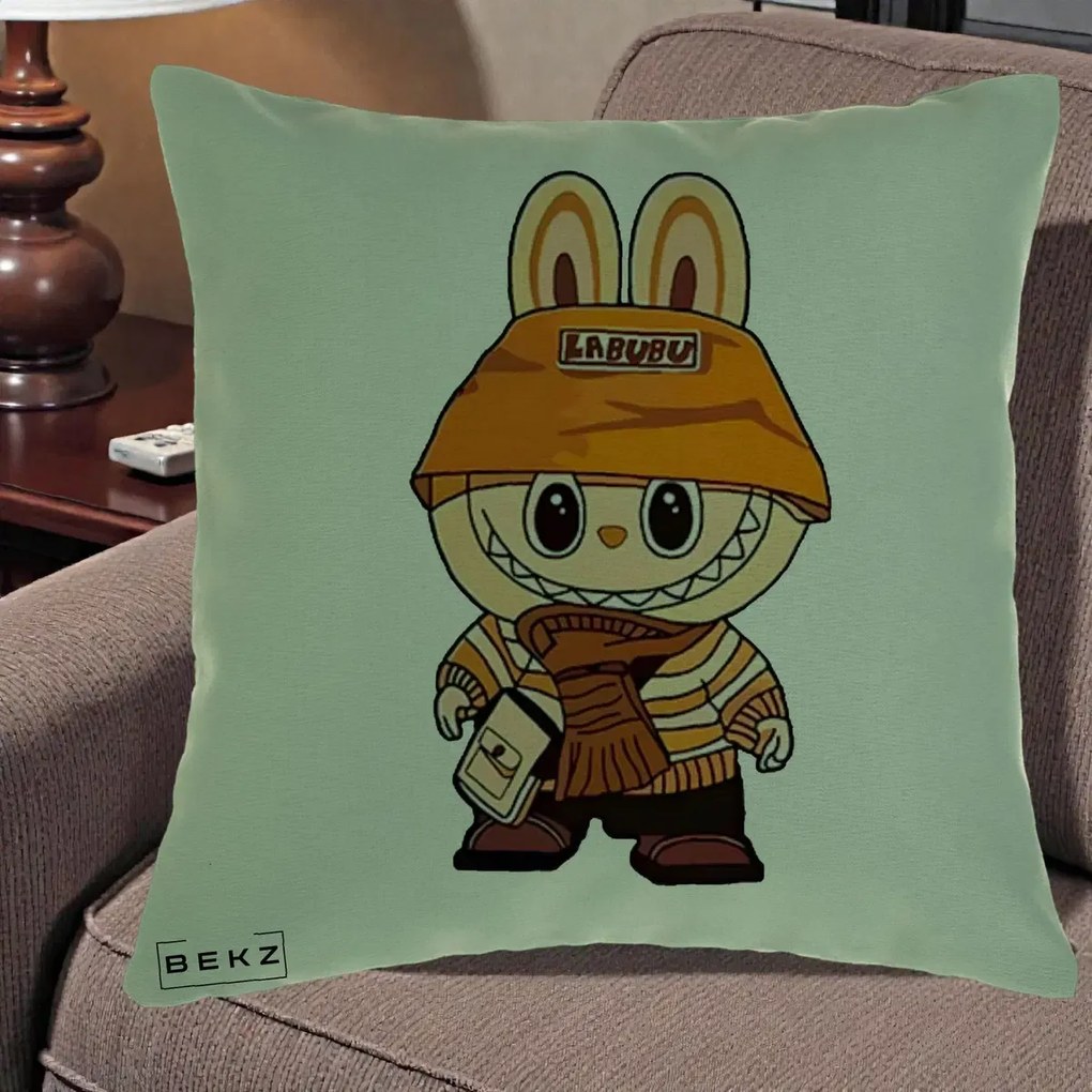Perna Personalizata Labubu Streetwear Portocaliu, 40x40 cm, Verde, Husa Detasabila, Perna Inclusa, BEKZ®