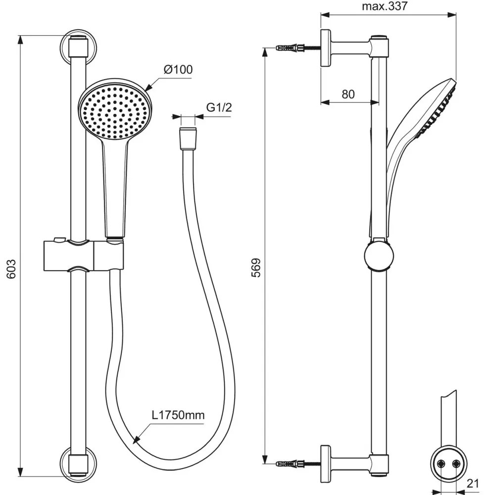 Set de dus Ideal Standard IdealRain Soft cu bara 60 cm, para dus o functie si furtun, negru mat