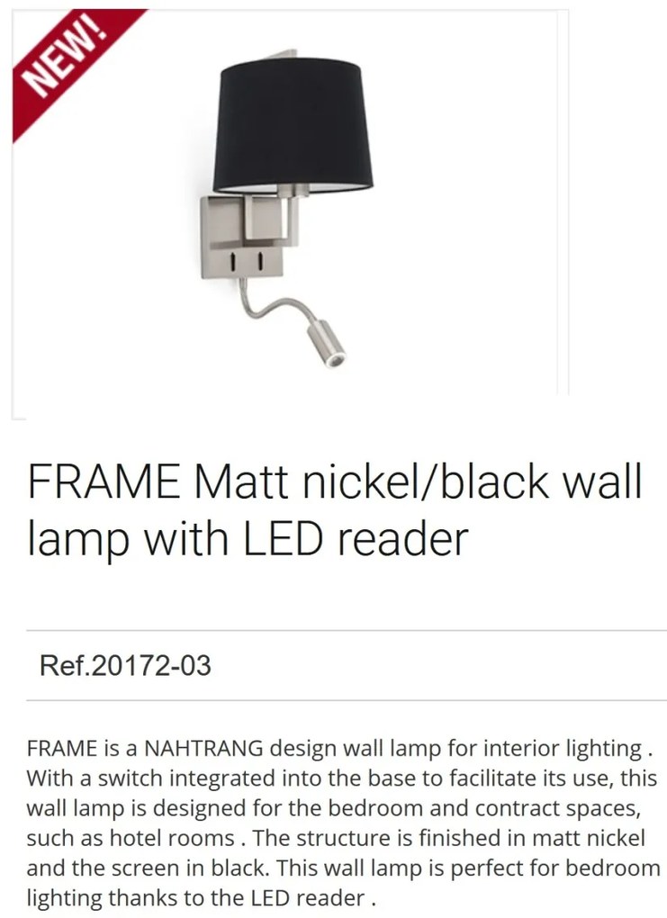 Aplica perete cu reader LED design clasic FRAME nickel/negru