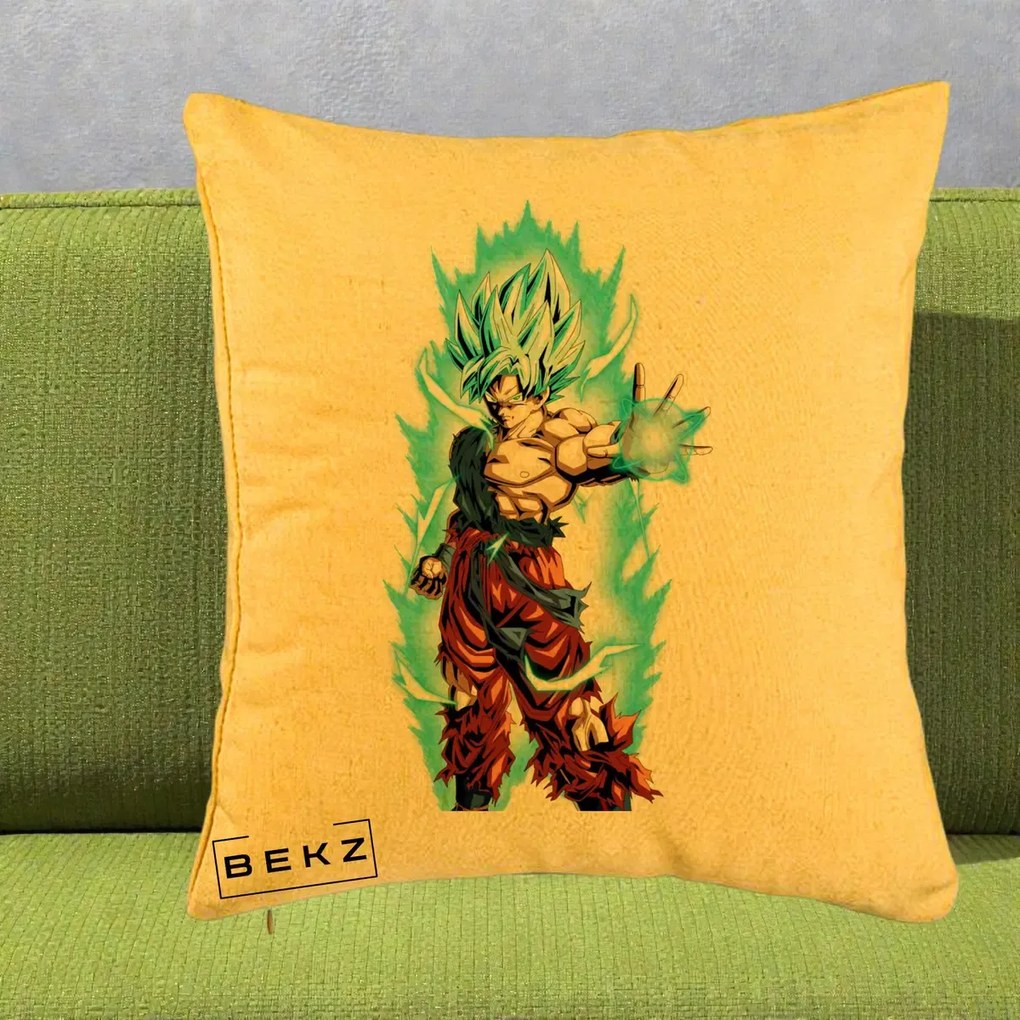 Perna Personalizata Dragon Ball Goku Ultra Instinct Blue, 40x40 cm, Galben, Husa Detasabila, Perna Inclusa, BEKZ®