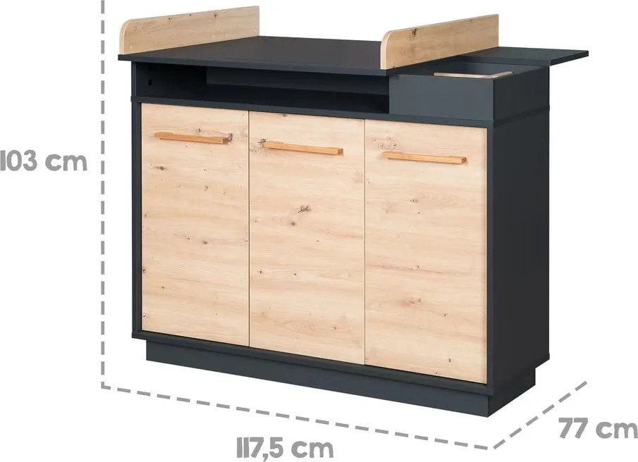 Comodă de copii gri antracit/în culoare naturală joasă cu aspect de lemn de stejar cu masă de schimbat 118x103 cm Lenn – Roba
