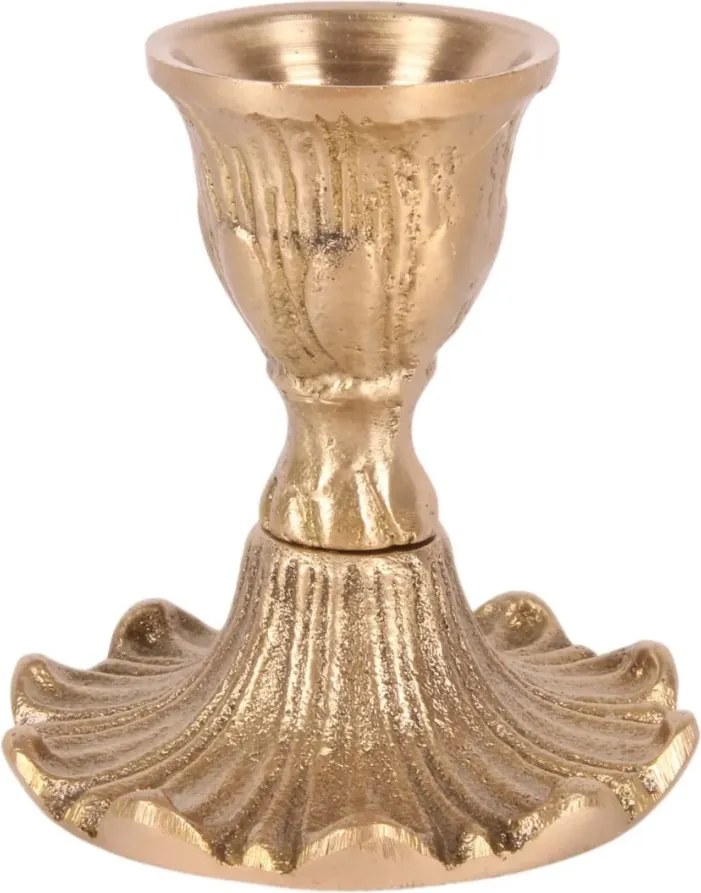 Sfeșnic mic din alamă, auriu, cu bază ondulată, pentru lumânare lungă, finisaj antichizat, 7 x 6,5 cm, „Lumignon”