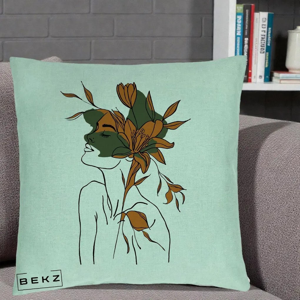 Perna Decorativa Portret Feminin Crin Auriu, 40x40 cm, Verde Menta, Husa Detasabila, Perna Inclusa, BEKZ®