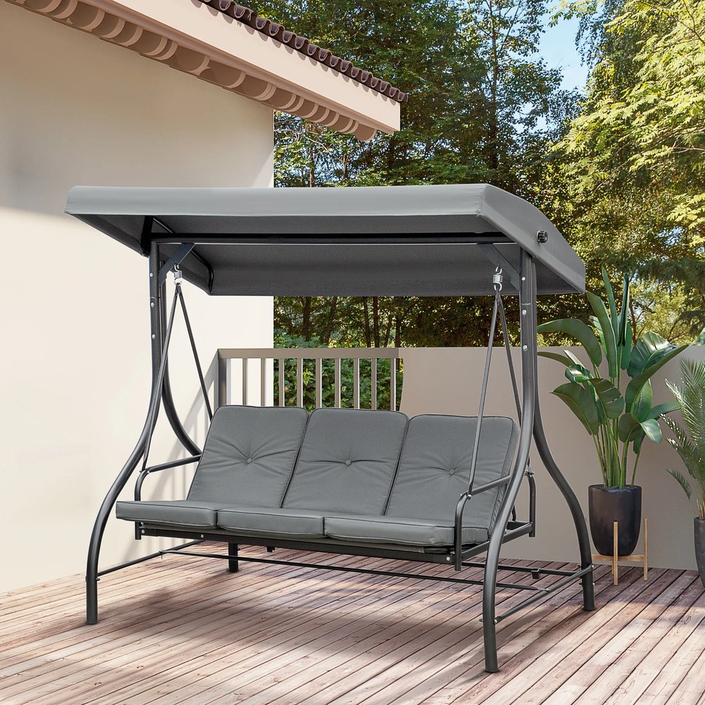 Outsunny Balansoar de Gradina 3 Locuri Convertibil in Pat cu Copertina Reglabila, Balansoar de Terasa din Metal si Tesut, Gri Inchis | Aosom Romania