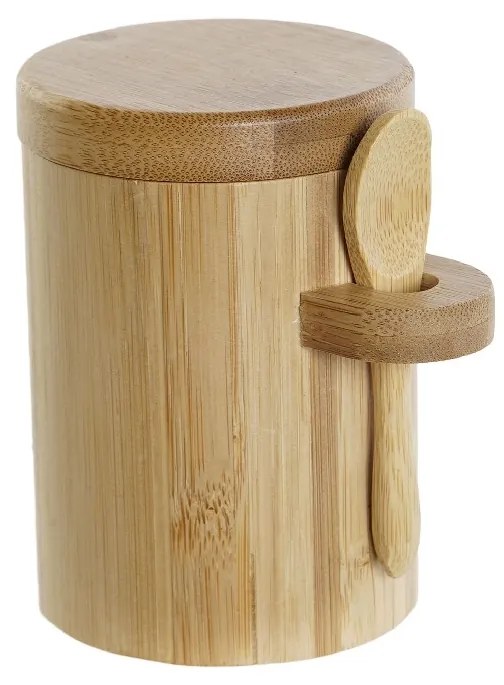 Recipient din lemn cu capac si lingurita, natur, 10x7.5x10.3 cm