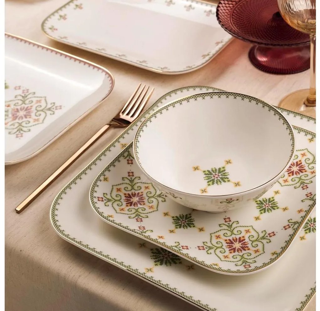 Set de veselă 26 buc alb/verde/porțelan