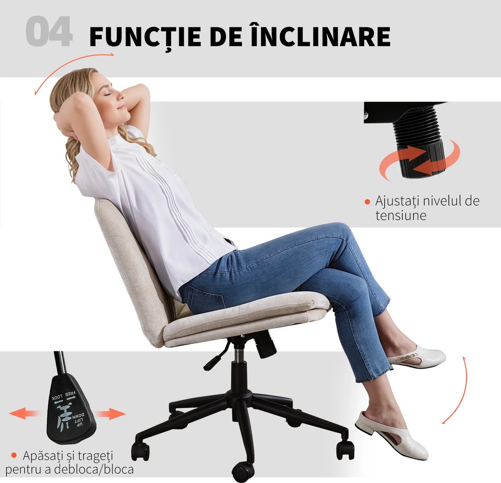 Scaun de Birou HOMCOM, Reglabil, Înclinabil și Rotativ, din Chenille și Oțel, 62x67x83-93 cm, Bej | Aosom Romania