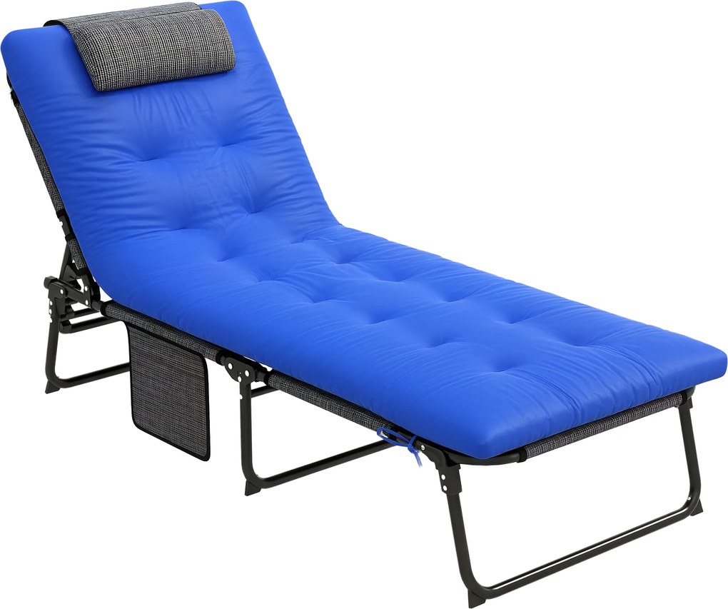 Outsunny Șezlong, spătar reglabil în 4 trepte, pernă, buzunar lateral, tetieră, 68 x 189 x 33 cm, Albastru | Aosom Romania