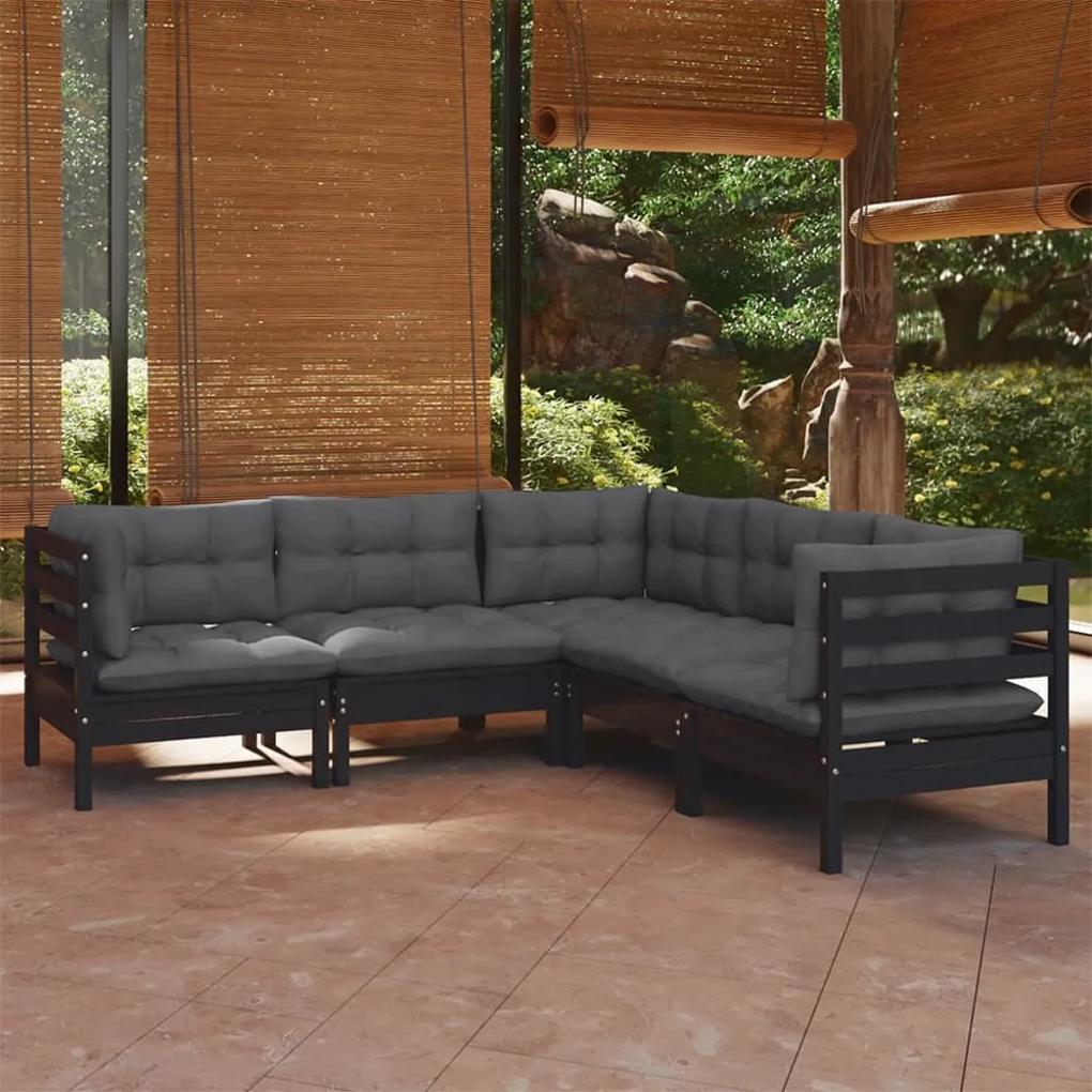 3096675 vidaXL Set mobilier grădină cu perne, 5 piese, negru, lemn masiv pin
