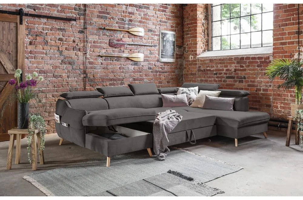 Colțar gri închis extensibil cu tapițerie din catifea (cu colț pe partea dreaptă/în formă de "U") Sweet Harmony – Miuform