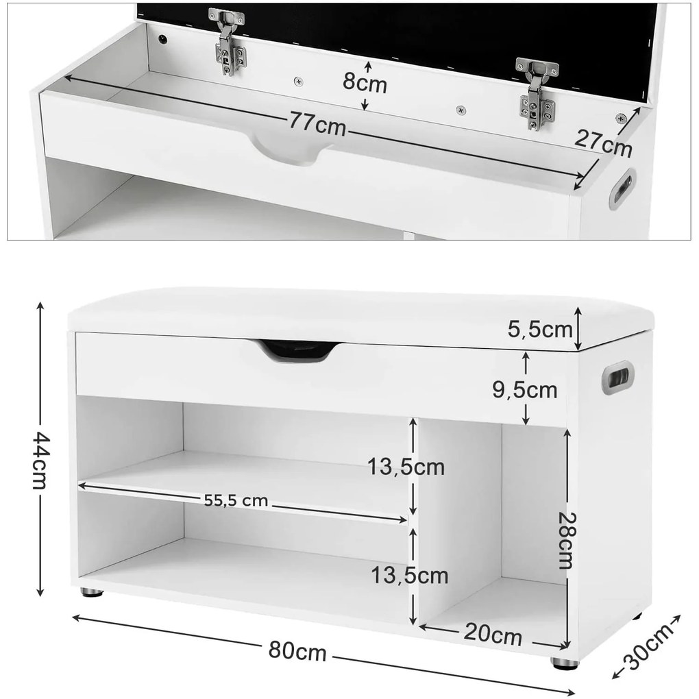 Pantofar alb cu banca PILTON 80x44 cm