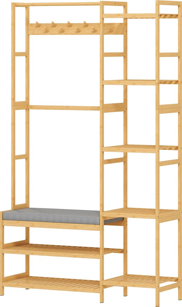 HOMCOM Cuier cu raft pentru pantofi, cârlige pentru haine, suport pentru paltoane, bancă cu pernă, pentru hol, intrare, lemn natural | Aosom Romania