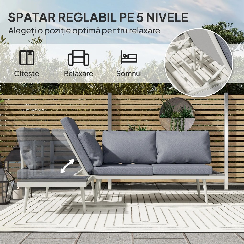 Outsunny Set Mobilier de Grădină din 3 Piese cu 2 Canapele cu Spătar Reglabil în 5 Poziții și Măsuță, 139x63x65 cm, Gri | Aosom Romania