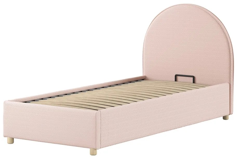 Pat tapițat pentru copii MOON, 90 x 200 cm, roz, cu țesătură bouclé și spațiu de depozitare – Vipack