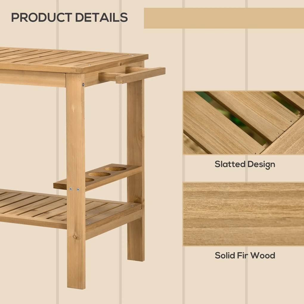 Outsunny Carucior de Grădină cu Roți din Lemn de Brad, Carucior de Servire cu Rafturi din Șipci, 2 Rafturi, 3 Suporturi pentru Sticle și Mâner, pentru Grădină Terasă Patio 95x47x74 cm, Culoare Lemn | Aosom Romania