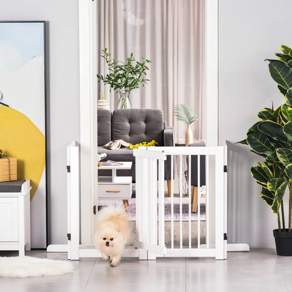 Grilă pentru câini PawHut cu picioare de susținere 204 x 75 cm din lemn, Grilă de protecție pentru câini cu uși pentru scări, uși, bucătărie, hol, 4 panouri, Alb | Aosom Romania