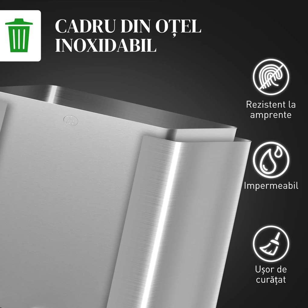 HOMCOM Coș de Gunoi cu 3 Compartimente de 20L, Cu Pedală, Capace cu Închidere Silențioasă, Oțel Inoxidabil și PP, 61,9x36,6x56,7 cm, Argintiu | Aosom Romania
