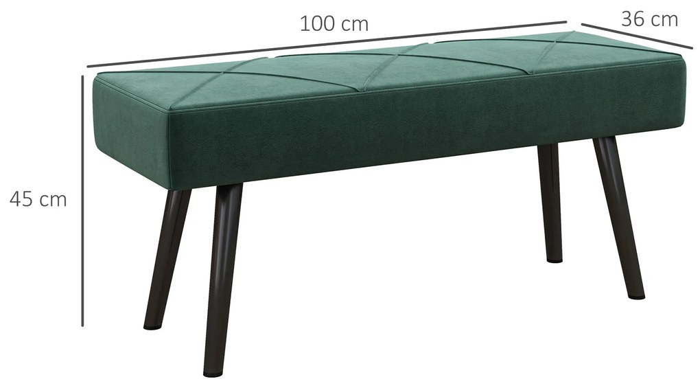 HOMCOM Bancă pentru Capătul Patului, Bancă cu Picioare din Oțel și Țesătură cu Efect de Catifea, 100x36x45 cm, Verde | Aosom Romania