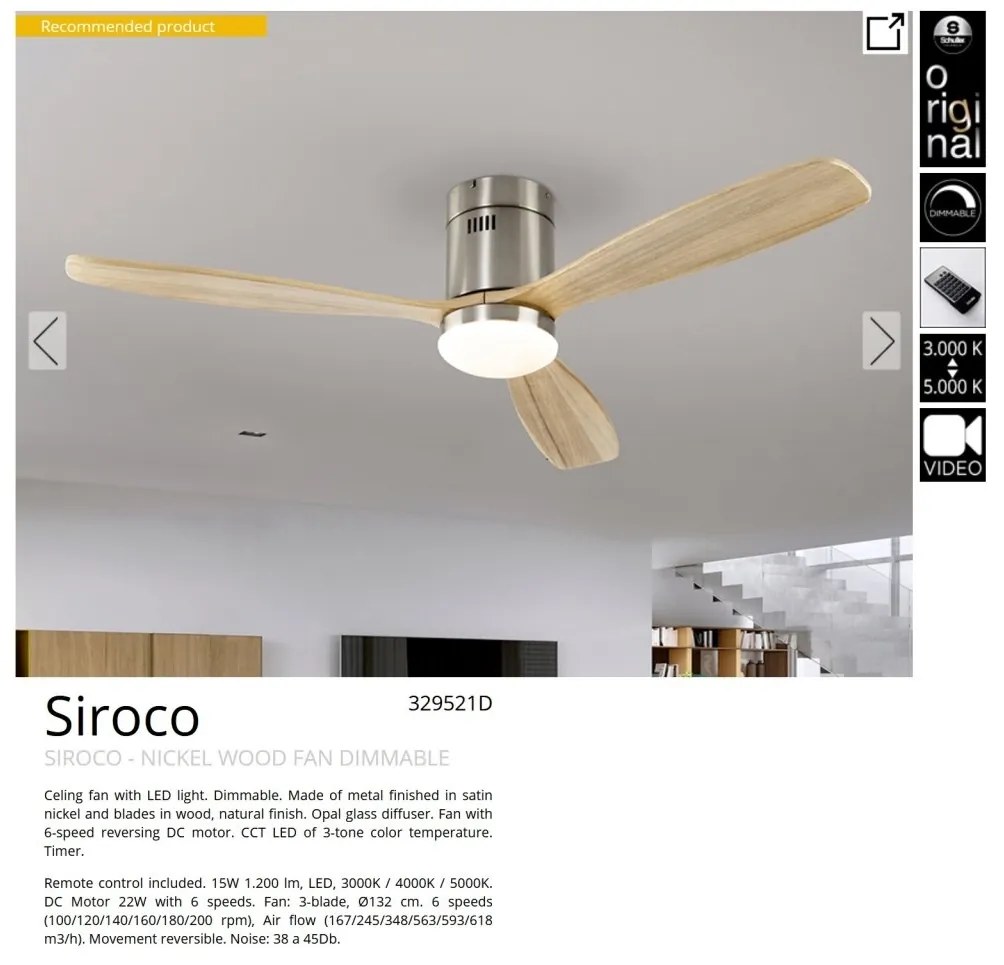 Lustra LED cu Ventilator si telecomanda Siroco D-132cm nichel/lemn
