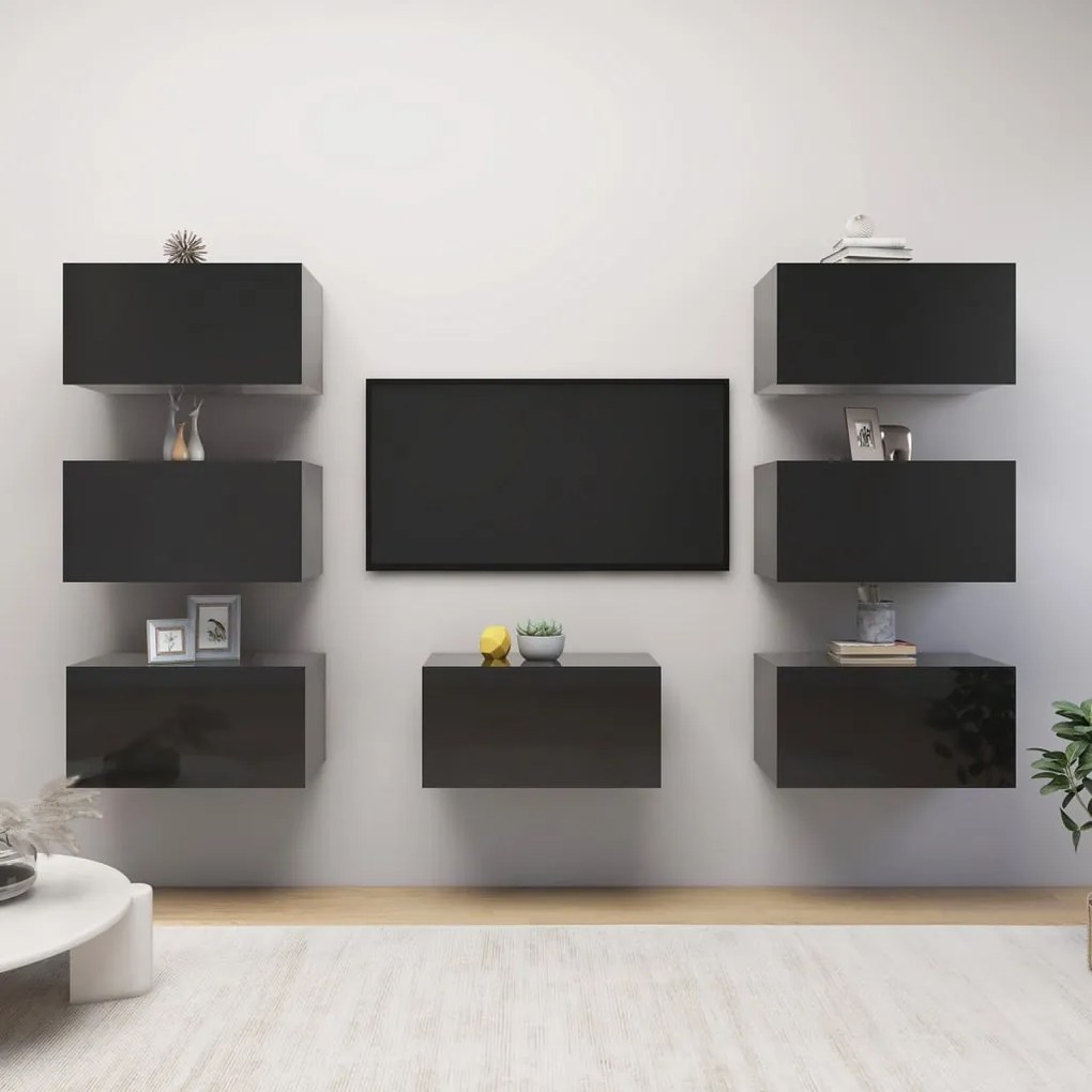3079478 vidaXL Dulap TV 7 buc negru extralucios, 30,5x30x60 cm, lemn prelucrat