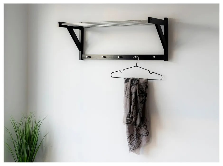 Cuier de perete negru din lemn de plop cu raft Padova - House Nordic