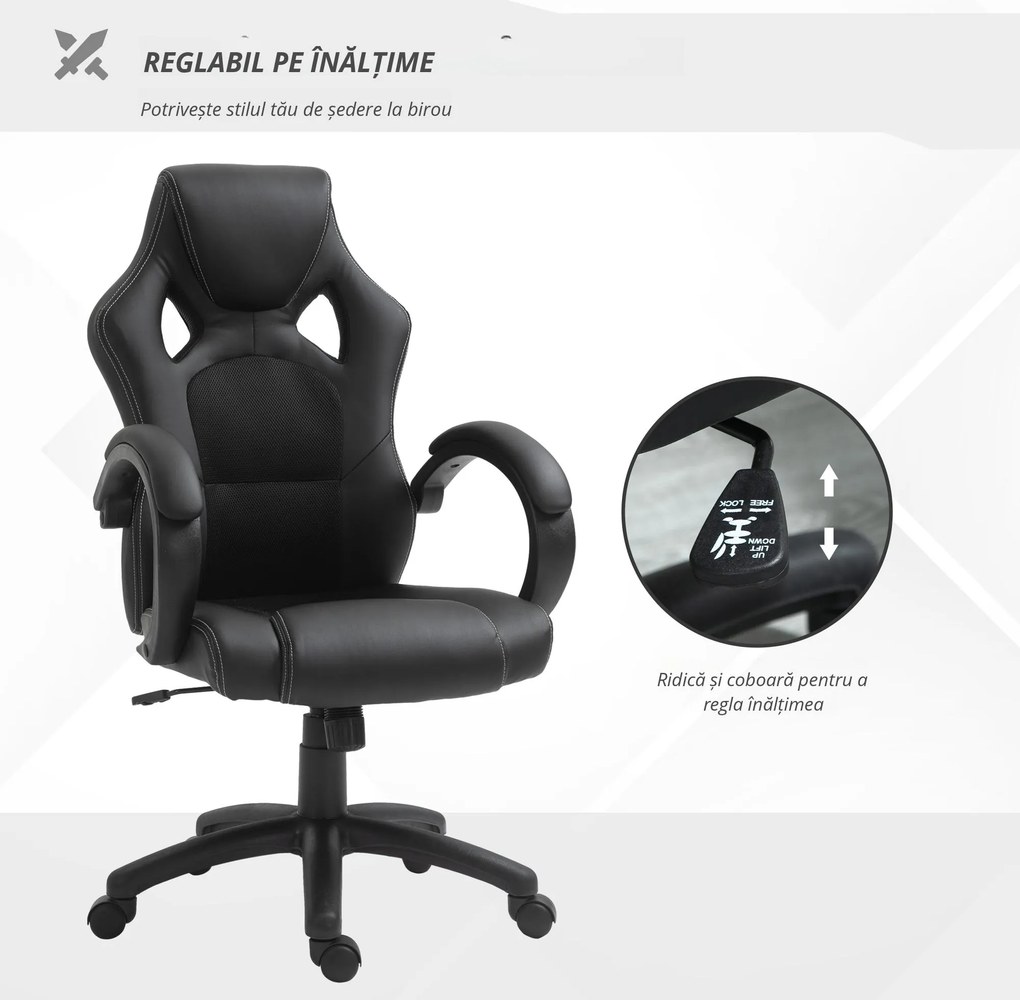 HOMCOM Scaun pentru birou, cu roti rotative la 360°, scaun gaming, inaltimea reglabila, Negru | Aosom Romania