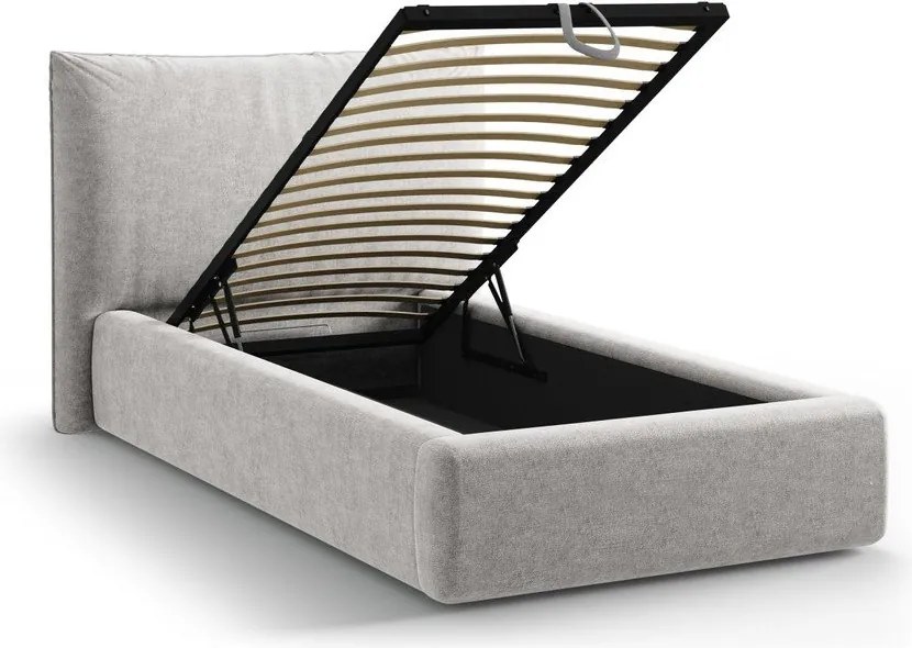 Pat gri deschis tapițat cu spațiu de depozitare cu somieră 90x200 cm Kaelle – Micadoni