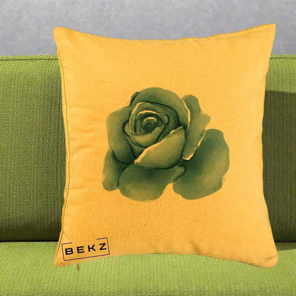 Perna Decorativa Trandafir Albastru Acuarela, 40x40 cm, Galben, Husa Detasabila, Perna Inclusa, BEKZ®