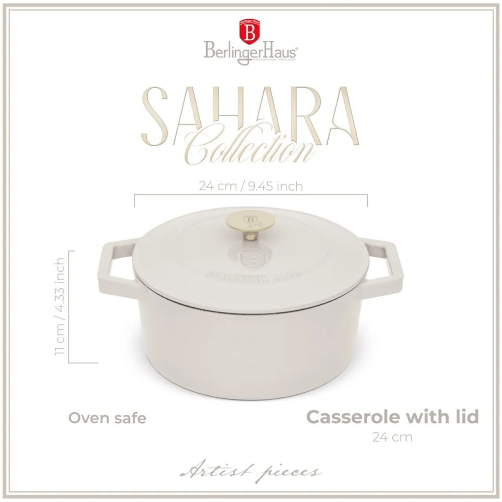 Oală din fontă emailată cu capac 24 cm, 4.35 L Berlinger Haus Sahara Collection BH 6528, ideală pentru friptură sau coacere lentă