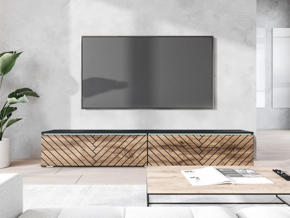 Dulap TV Dlana 180 MDF (Negru grafit + Stejar wotan) (cu iluminat LED alb). 1106214
