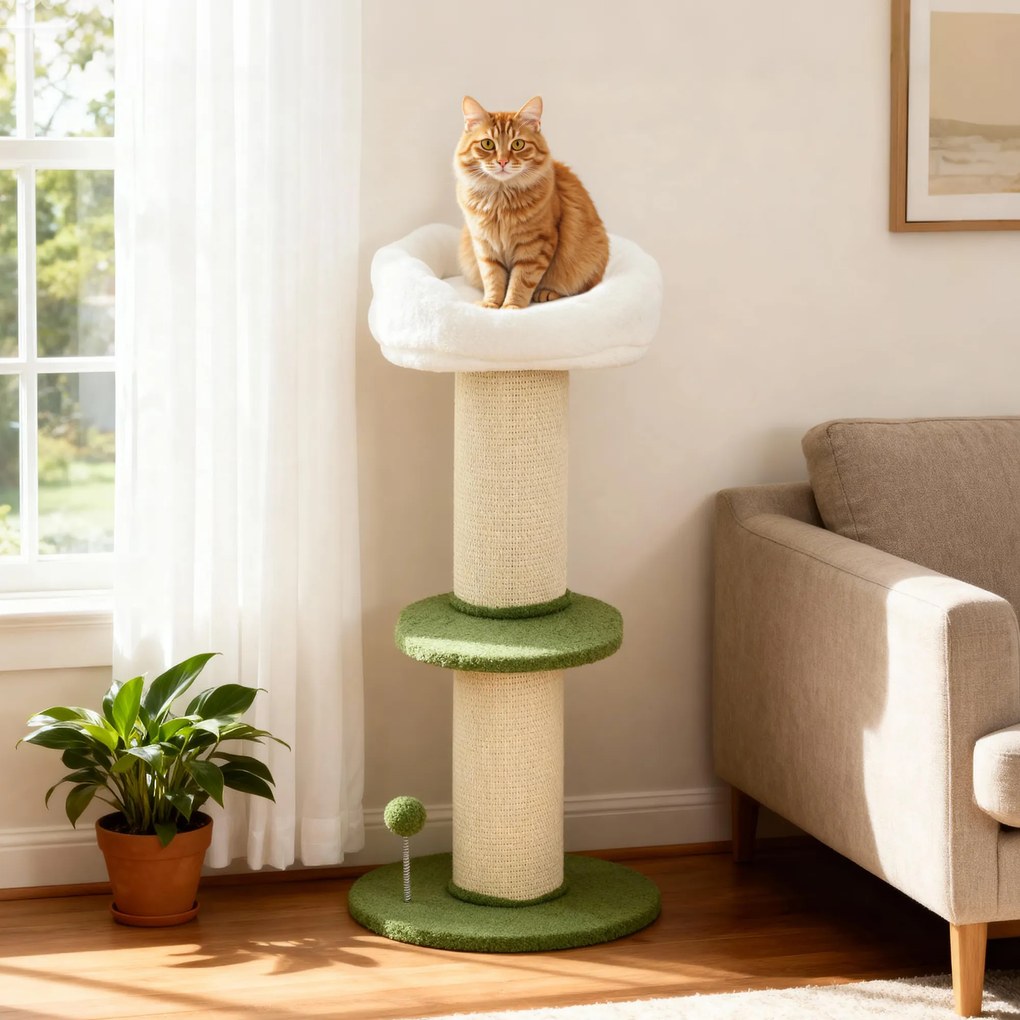 PawHut Ansamblu pentru Pisici, din Sisal și Pat în Formă de Floare Verde, 92cm | Aosom Romania