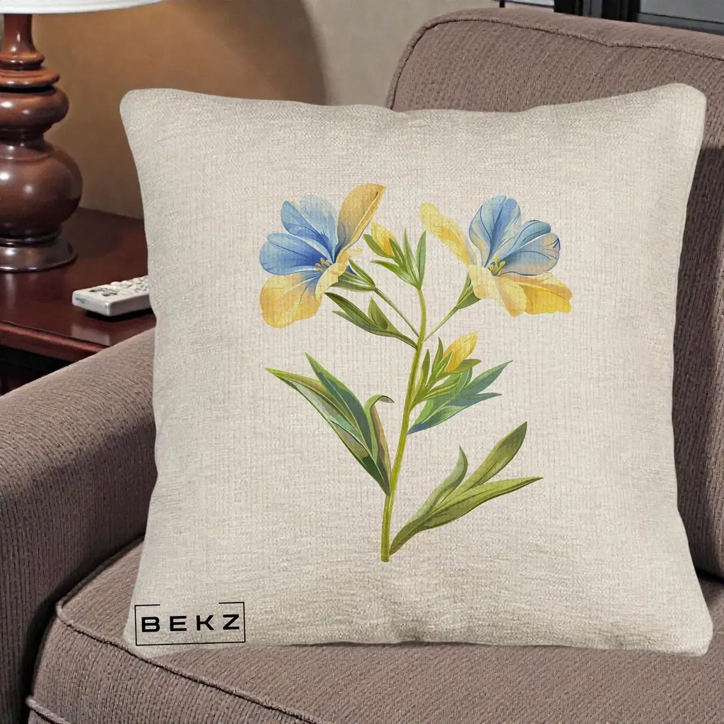 Perna Decorativa Botanica Frezie Galbena si Albastra, 40x40 cm, Bej Canapea, Husa Detasabila, Perna Inclusa, BEKZ®