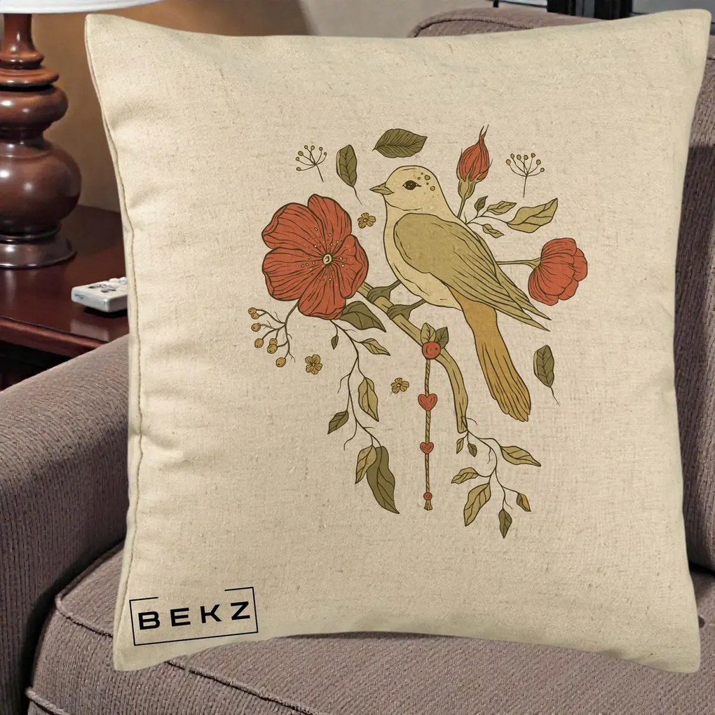 Perna Decorativa Pasare pe Ramura cu Maci, 40x40 cm, Bej, Husa Detasabila, Perna Inclusa, BEKZ®