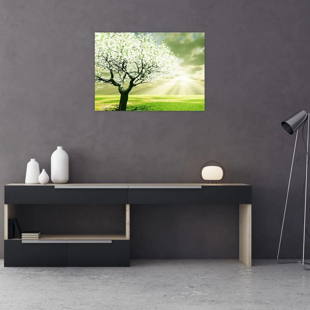 Tablou pe sticlă cu copaci pe luncă (70x50 cm)