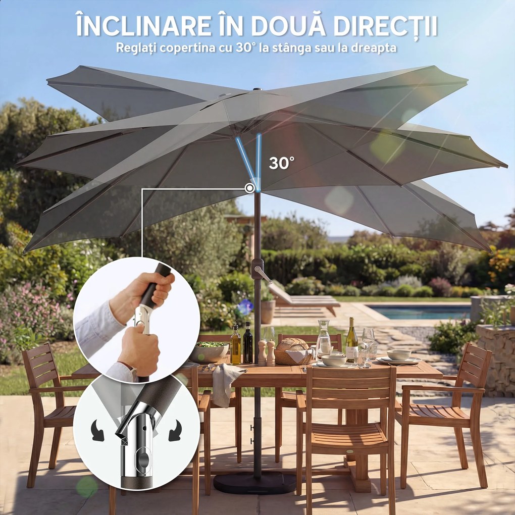 Outsunny Umbrelă 3x3 m cu Bază, Sac de Nisip, Manivelă, Gri Închis | Aosom Romania